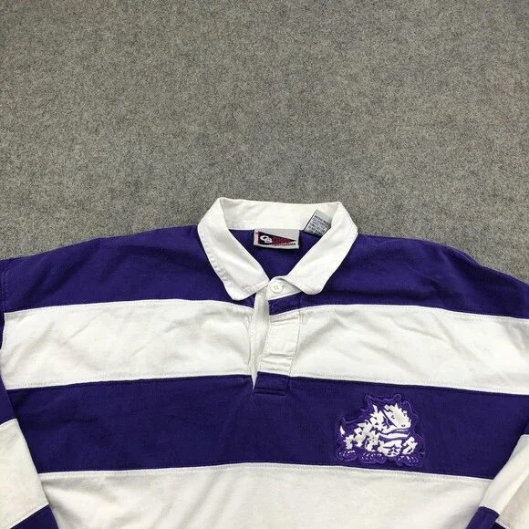 TCU Horned Frogs Polo Shirt Mens 2XL Purple White Striped Rugby Long Sleeve Y2K - Picture 4 of 9